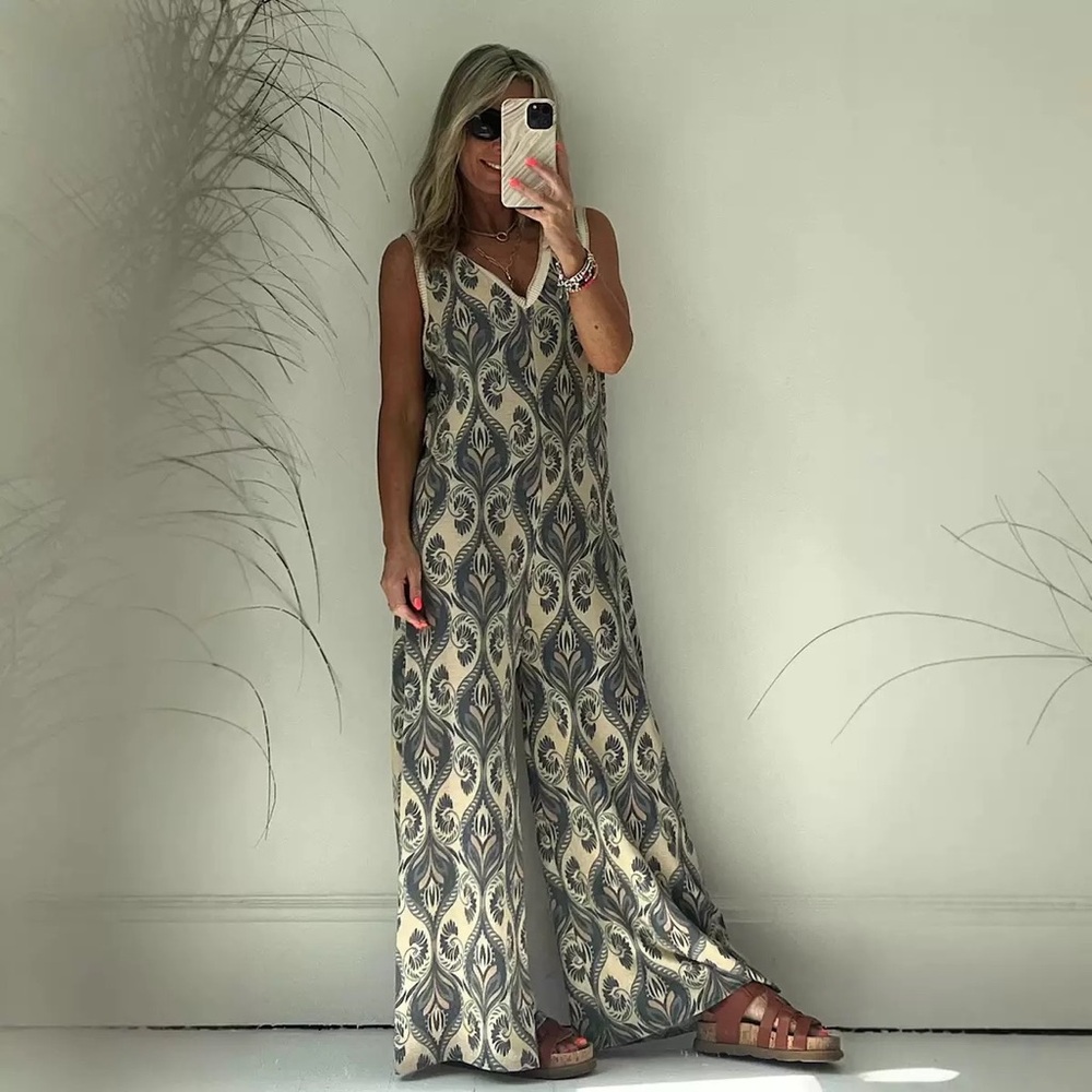 Zimmermann Sleeveless Printed Wide-Leg Jumpsuit in Cream and Gray